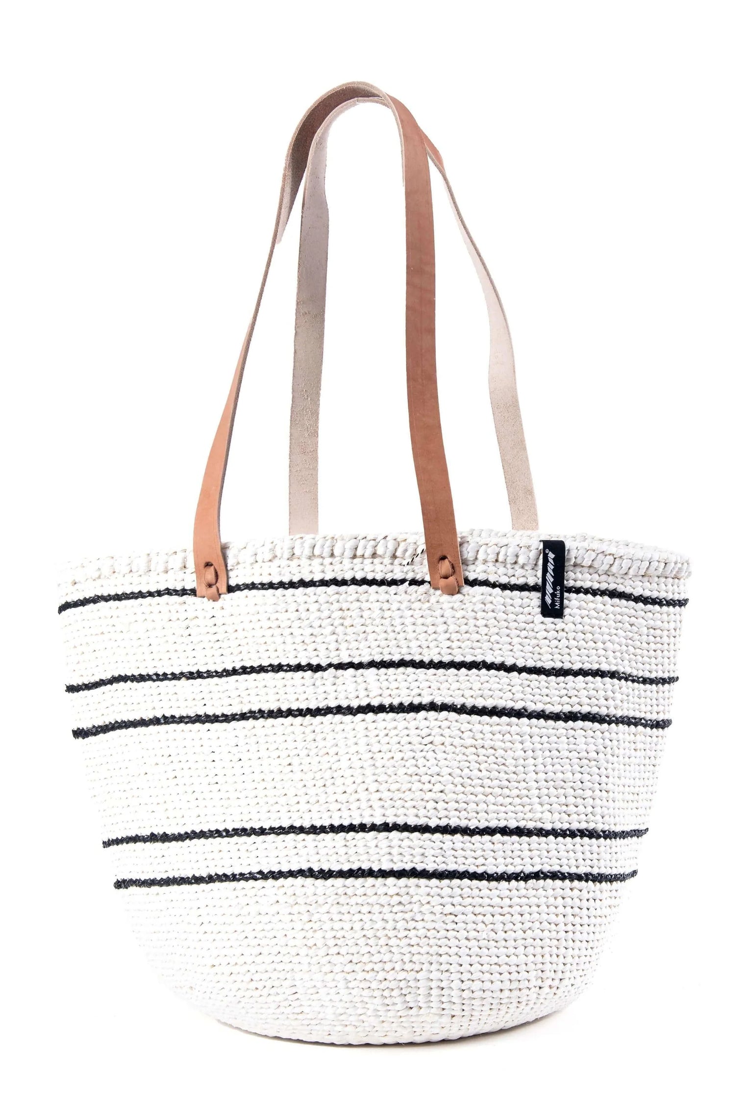 Mifuko Kiondo Medium Shopper Basket Bag White/5 Black Stripes