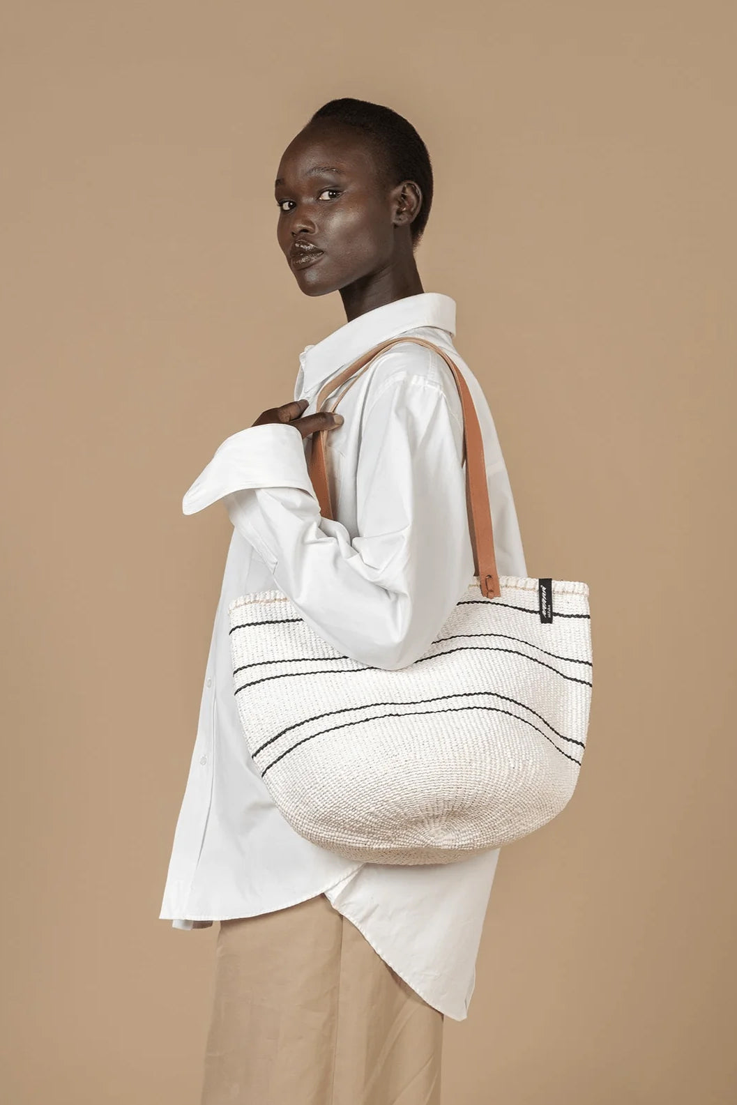 Mifuko Kiondo Medium Shopper Basket Bag White/5 Black Stripes