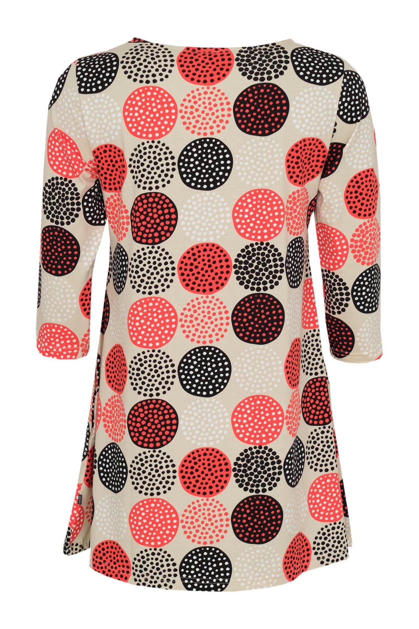 Dress with red and black polka dot pattern on a white background