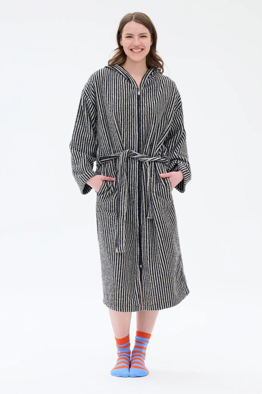 Ratia Hooded Stripe Bathrobe With Zipper Black/Sand