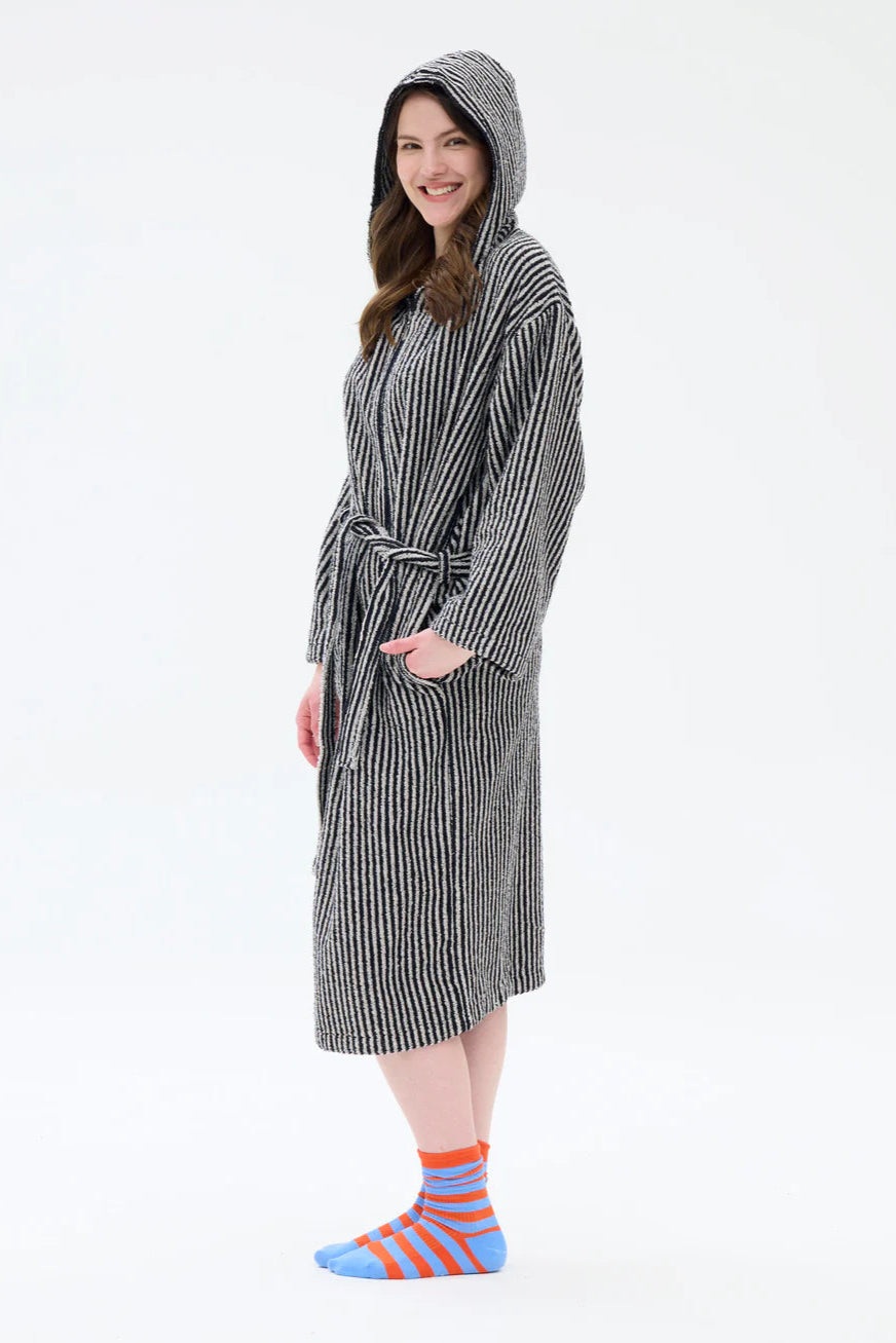 Ratia Hooded Stripe Bathrobe With Zipper Black/Sand