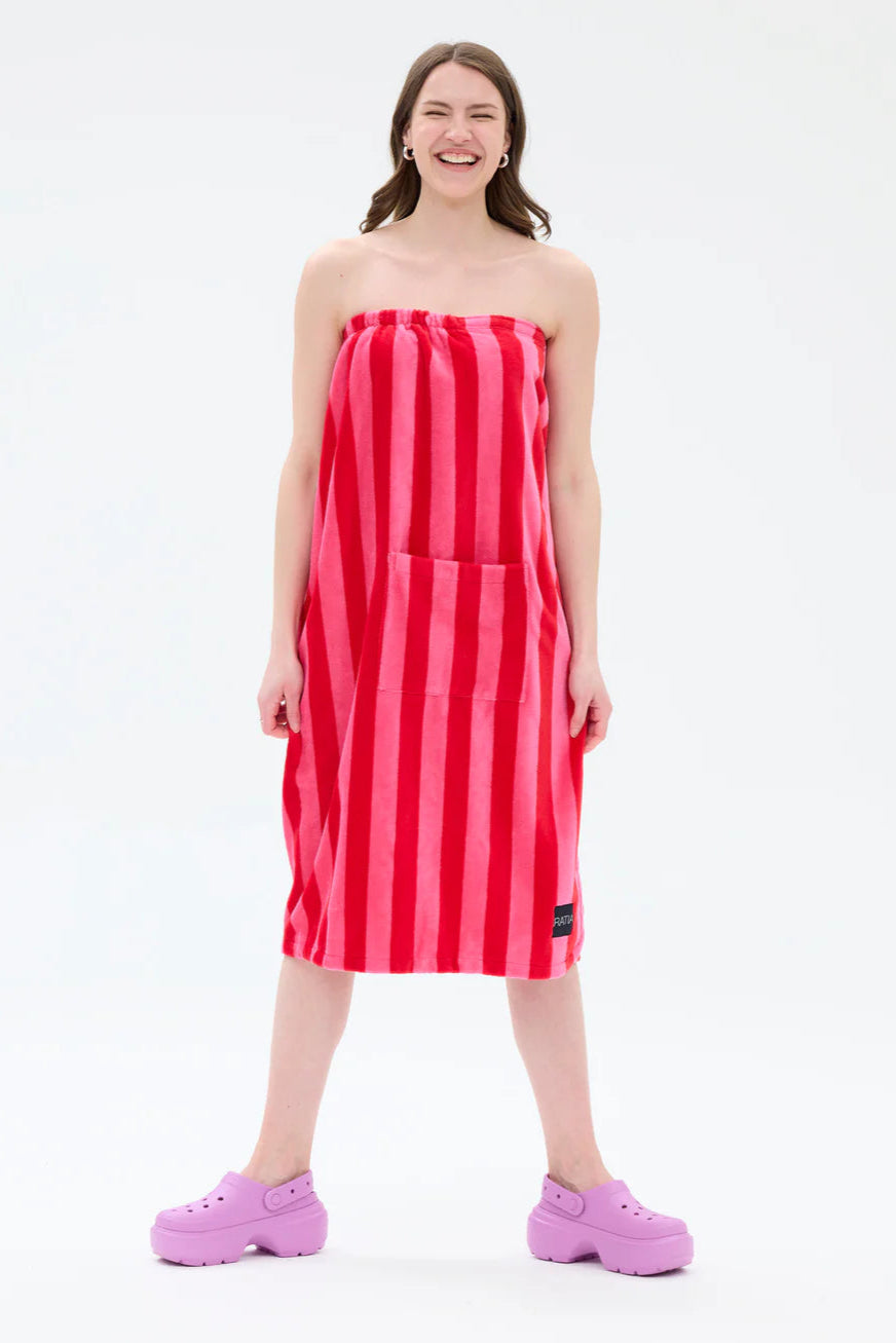 Ratia Women's Bath Wrap Wide Stripes Pink Red
