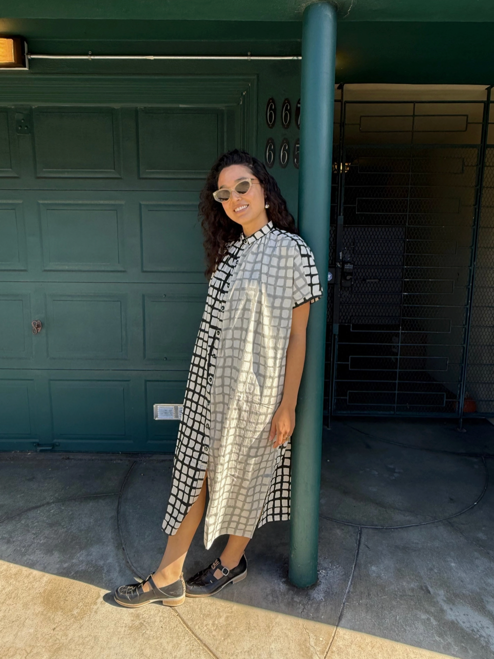 Happy French Elise Madder Grey Grid Dots Dress