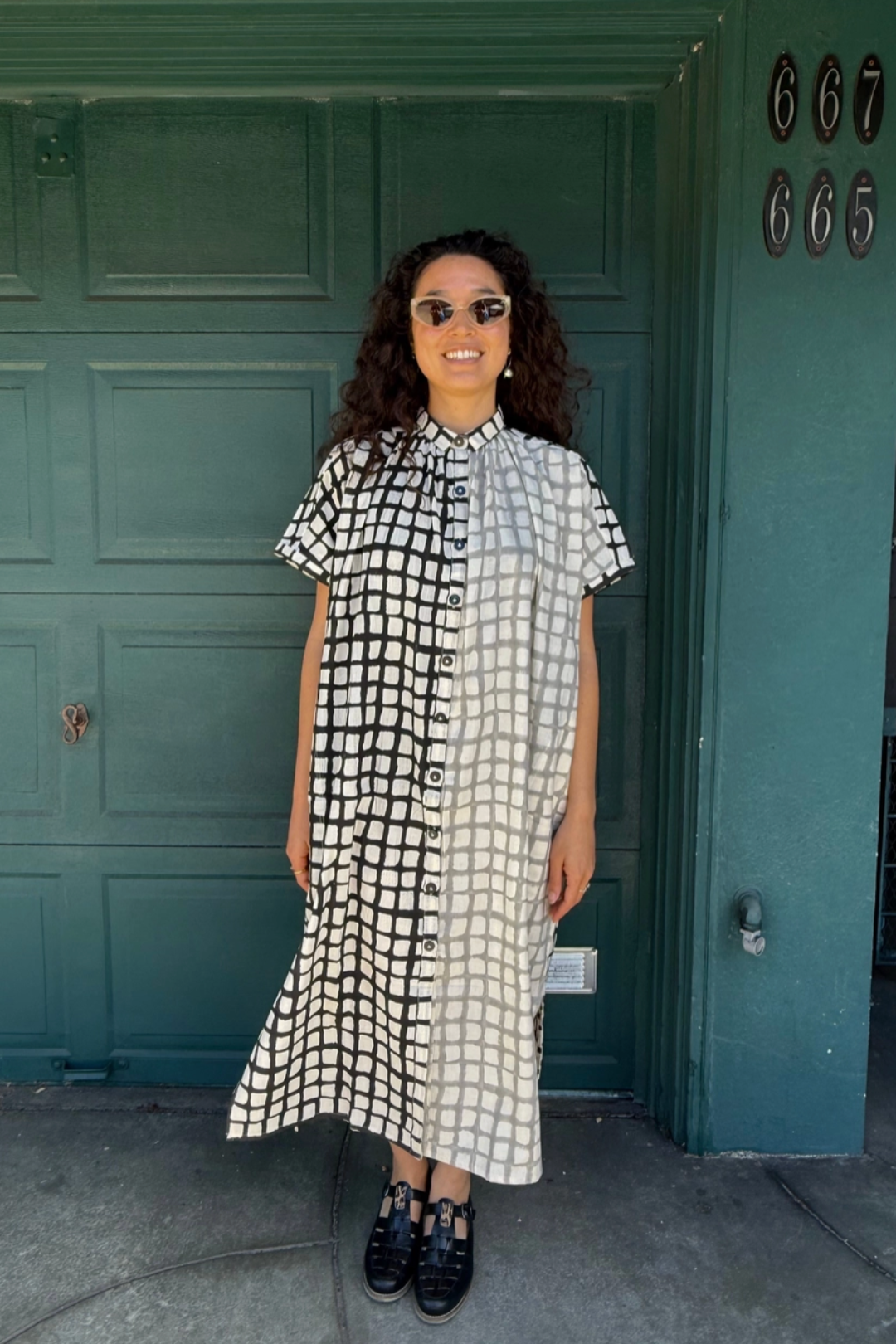 Happy French Elise Madder Grey Grid Dots Dress