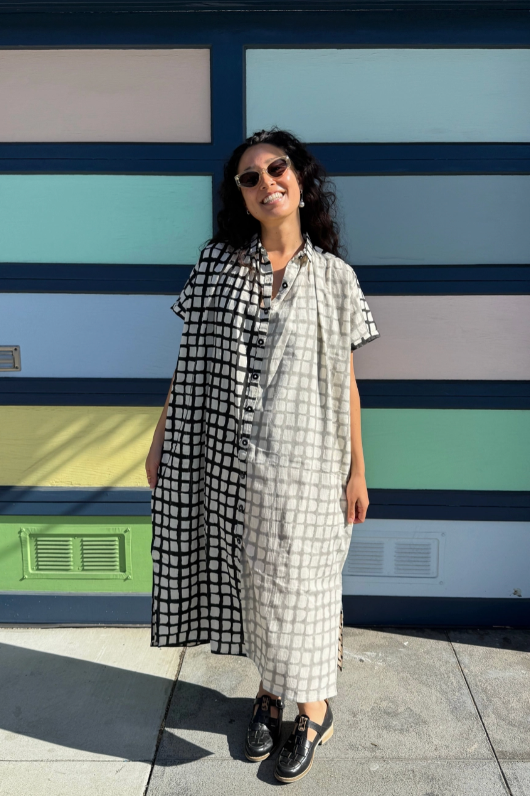 Happy French Elise Madder Grey Grid Dots Dress