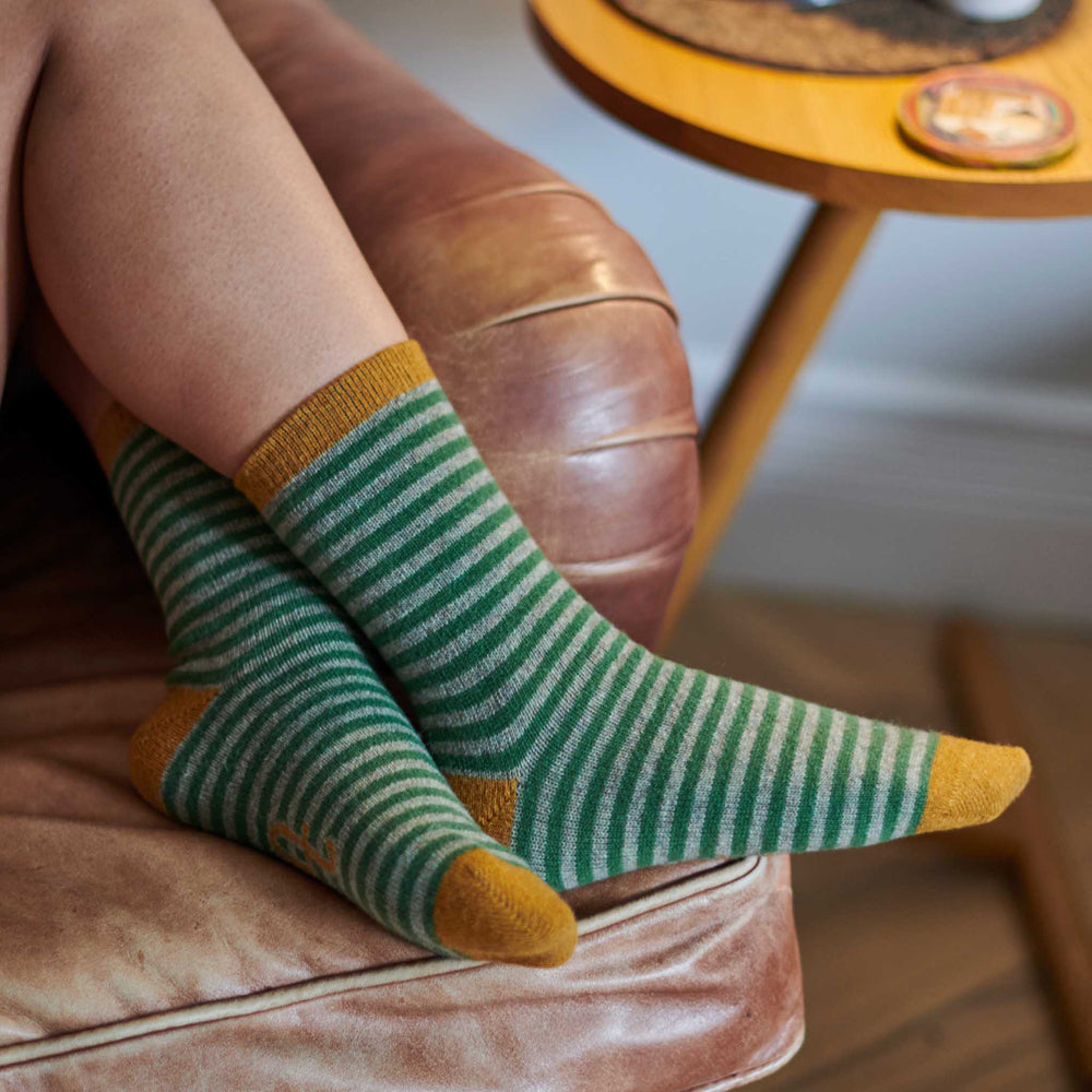 Catherine Tough Women's Lambswool Green Stripe Ankle Socks
