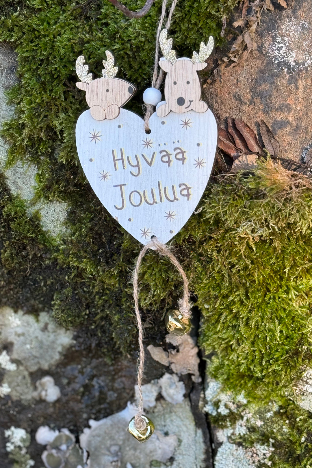 Wooden Christmas Sign with bells in Finnish