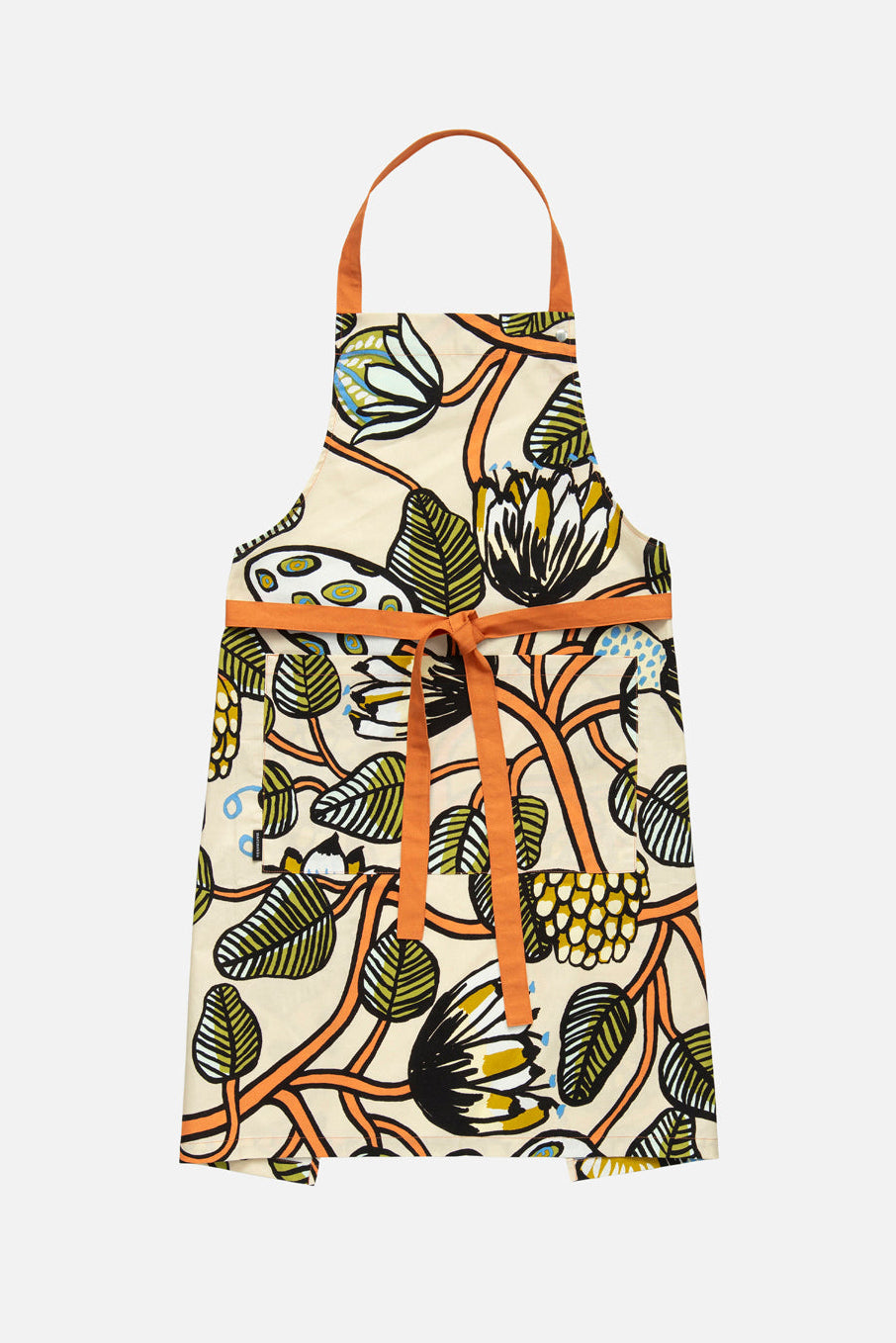 Patterned apron with a brown strap on a white background