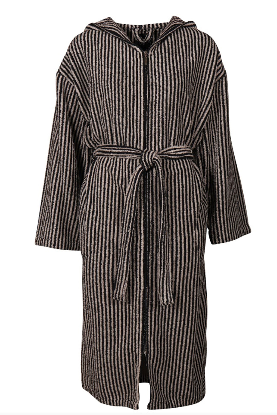 Ratia Hooded Stripe Bathrobe With Zipper Black/Sand