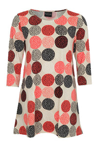 Dress with red and black polka dot pattern on a white background
