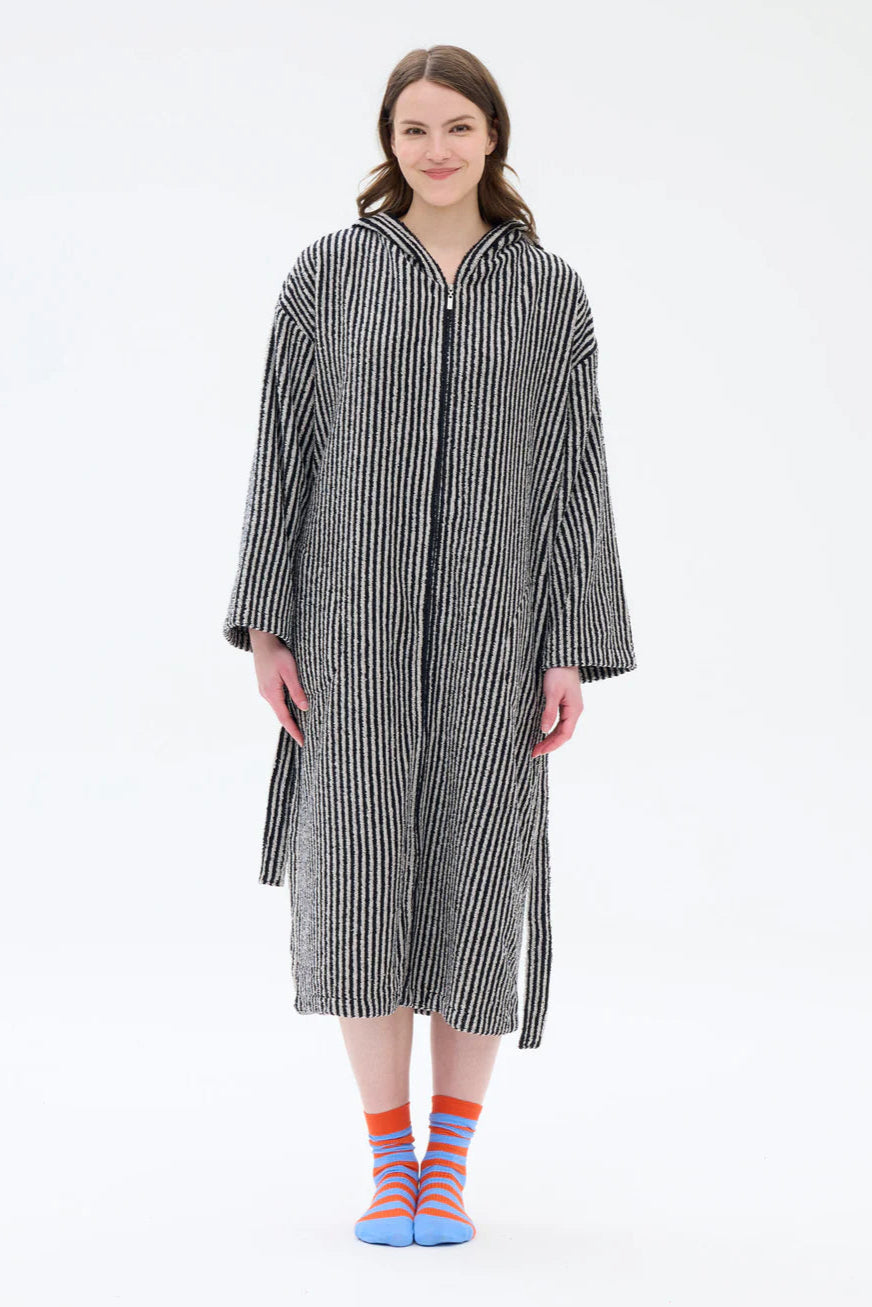Ratia Hooded Stripe Bathrobe With Zipper Black/Sand