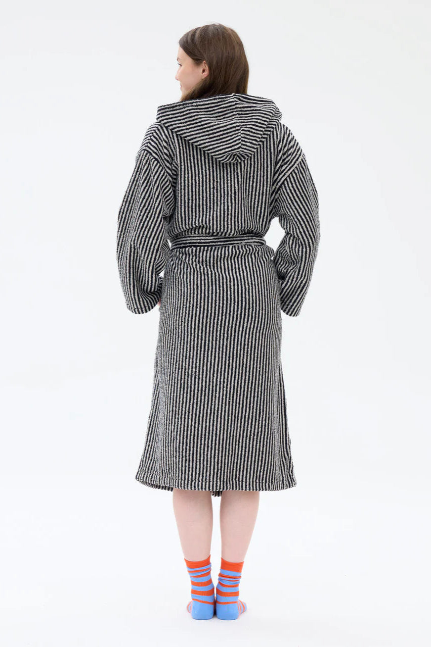 Ratia Hooded Stripe Bathrobe With Zipper Black/Sand