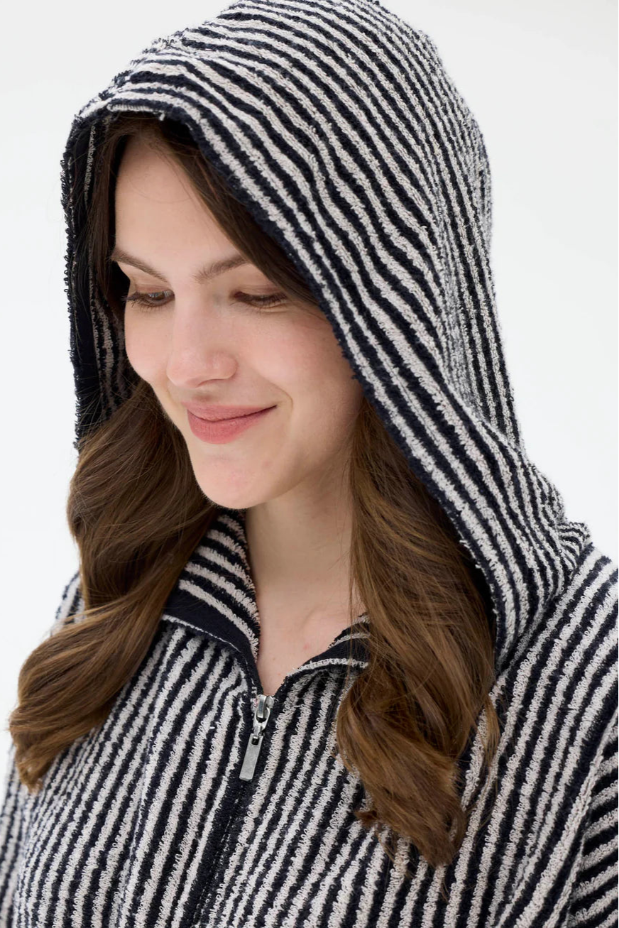 Ratia Hooded Stripe Bathrobe With Zipper Black/Sand