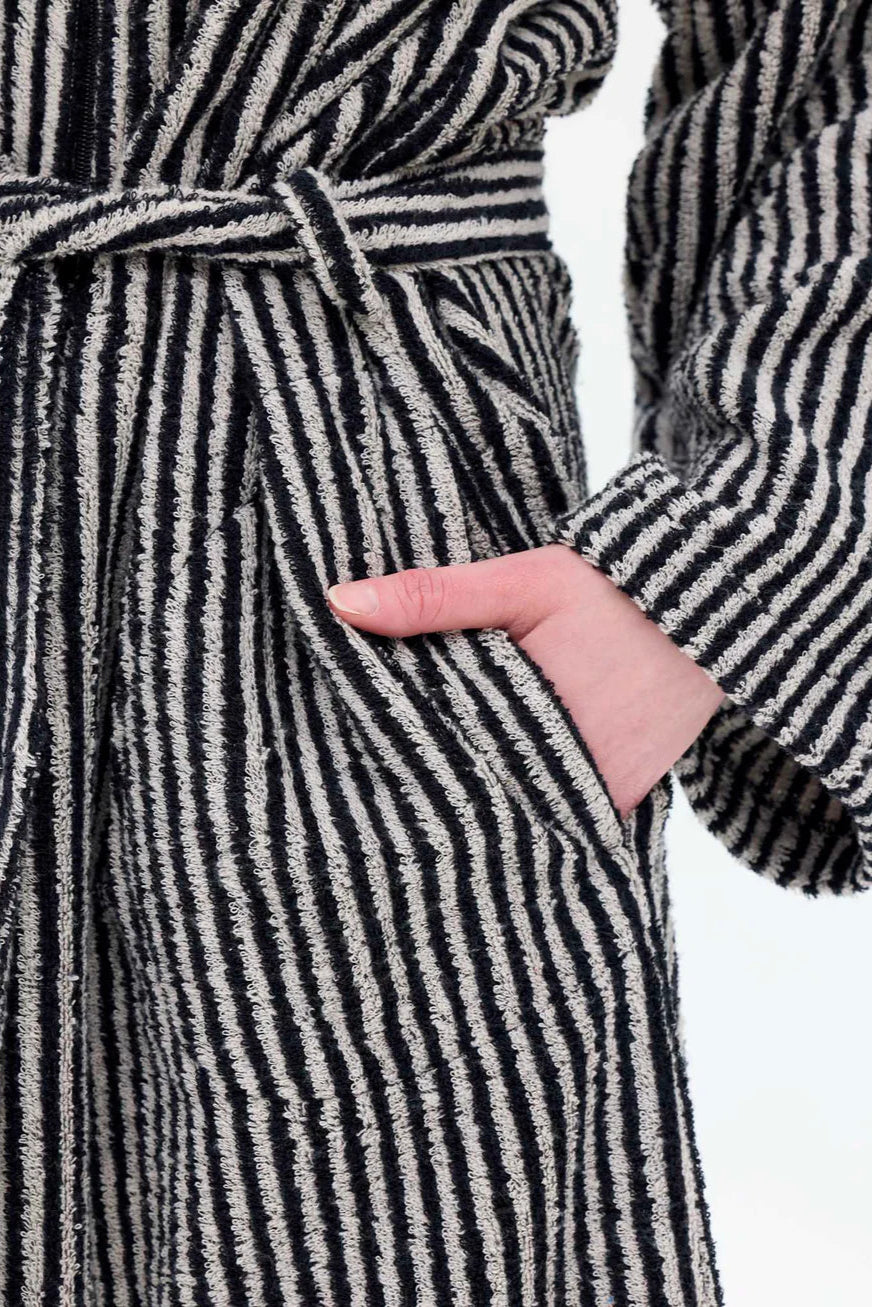 Ratia Hooded Stripe Bathrobe With Zipper Black/Sand