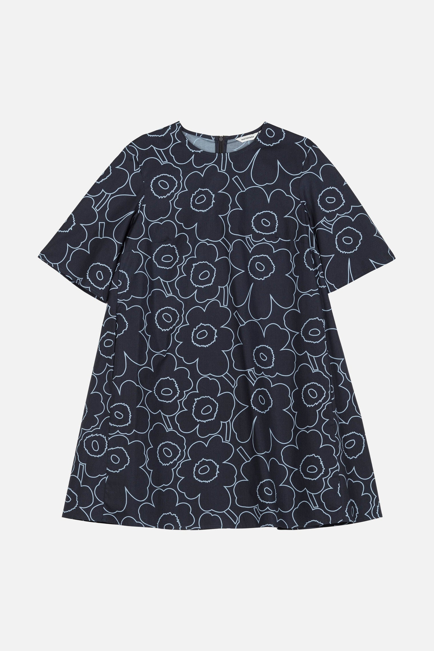 Navy dress with floral pattern on a white background