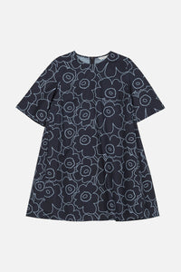 Navy dress with floral pattern on a white background