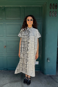 Happy French Elise Madder Grey Grid Dots Dress