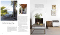 A two-page interior design spread showing a home decor lifestyle scene. The left page features a large photo of a balcony overlooking the ocean with outdoor dining chairs and a table, captioned 'natural purity' with several paragraphs of text below.